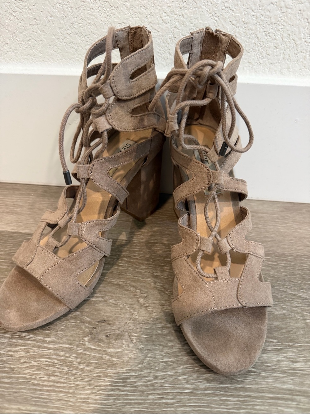 Steve Madden Taupe Suede Lace-Up Block Heel Sandals